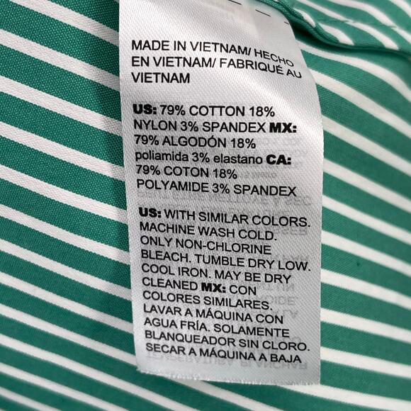 Chicos Mock Neck Poplin Shirt Size 1 8 Medium Green White Stripe Tortoise Button - Picture 6 of 7